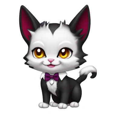 Cute-Edgy-Vampiric-Batty-Cat-Black-Purple-Red-Yellow-Contrast-Colors-Fantasy-Fur-Sona-Chibi-Shiny-Fakémon-Hybrid with horns and big fangs neck bow white tie leg spats full body sticker