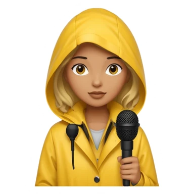 woman with rain coat and microphone sticker