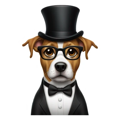 Dog with a top hat, fancy glasses, and a black suit sticker