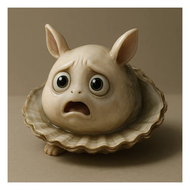 A cute oyster with a scared expression, wide eyes, and slightly open mouth, in photorealistic style. sticker