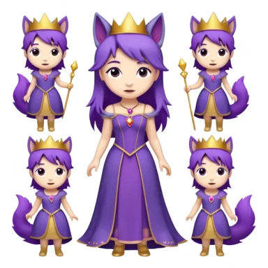A collection of twelve chibi-style illustrations of a cute princess wearing a purple dress and crown with purple hair and purple wolf ears and purple wolf tail character. Each square shows the character doing different things against a white background And make a gap between each illusion sticker