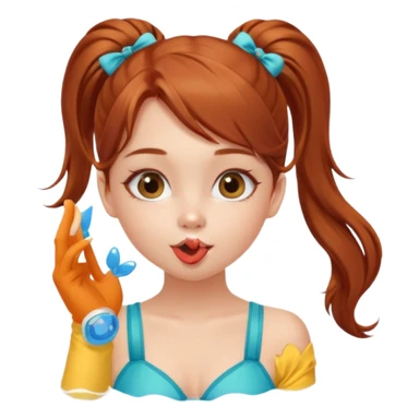 A cute ukrainian girl, with long auburn hair two side ponytails, in a bathing costume, she's blowing a kiss. sticker