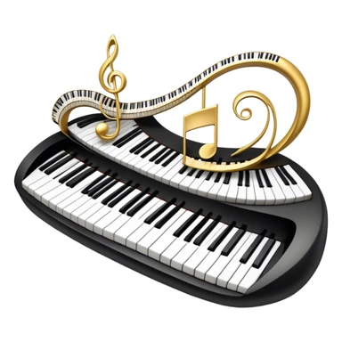 Create an elegant and festive emoji collage representing keyboard instruments, styled like a heraldic emblem. The design should feature a central focal point of black and white piano keys, arranged in a semi-circular or shield-like shape. Around the piano keys, add intertwining musical notes that form flowing ribbons, creating a dynamic and celebratory atmosphere. The design should be professional, with polished silver and gold accents on the keys and notes, highlighting the luxury and sophistication of the instruments. Add subtle shading and lighting effects to give the design a refined, 3D appearance. The background should remain transparent, and the overall feel should evoke grandeur, artistry, and a sense of celebration. sticker