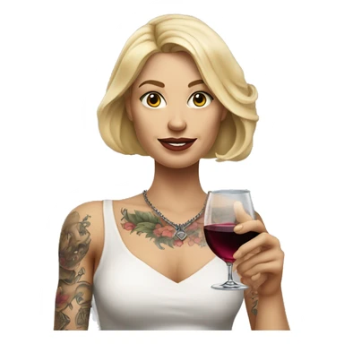 Create a hyper-realistic emoji of a blonde woman with elegant features. She has a body covered in tattoos, holding a glass of wine in one hand, while pointing forward with her other hand. sticker