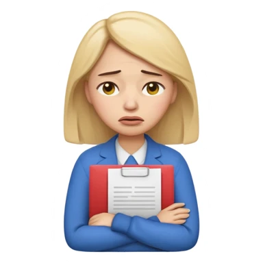  emoji character wearing a interview clothoes. face has a very sad crying, disappointed expression with drooping eyebrows and half-closed eyes. posture is dejected, with slumped shoulders. just rejected from  interview to get a job, holding CV. dont make it old person and make it woman. sticker