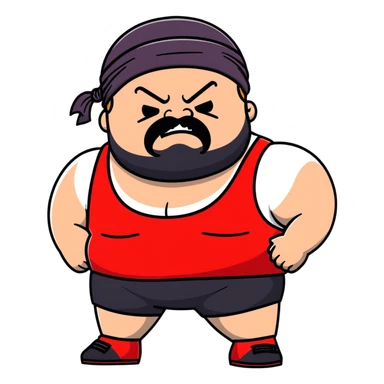 Close-up of morbidly obese white skin guy with young face, prominent BLACK DURAG tied clearly on head, distinct black beard and mustache, no muscle, black eyes in a red and black wrestling singlet with angry face sticker