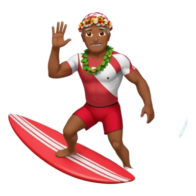 Dark muscular older Hawaiian surfer riding a big wave wearing red shorts a shell lei sticker