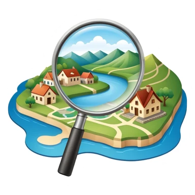 An icon featuring a magnifying glass over a local map, with a small village, traditional house, and natural landmarks like a river and hill, symbolizing local history and geography. Transparent background highlights the study of native land, culture, and heritage. sticker