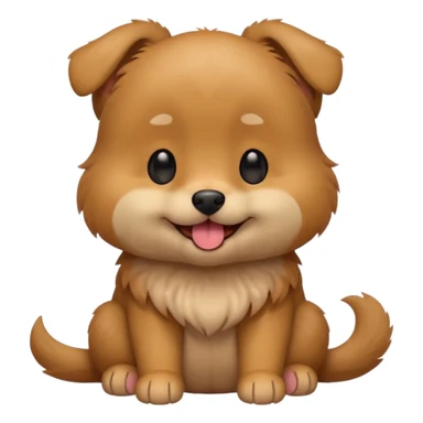 Cute small brown fluffy dog emoji icon. Round face, short muzzle, light brown fur with slightly darker ears, small black nose, happy smiling expression with tongue out. Soft friendly eyes, sitting pose with front paws together. Simple clean vector style, minimal details, kawaii style. sticker