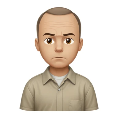 Carl from Sling Blade, serious expression, recognizable features, chin sticking out, slouching posture, no glasses, shirt with collar,  side view,show his entire body, he is standing. we see him from the side. Not frontal view. Side view. He sticks his head forward sticker