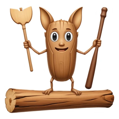 The character is an anthropomorphic wooden log with a cartoonish face, human arms and legs, and a long wooden bat, giving it a surreal, humorous appearance. sticker