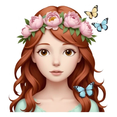 Woman with long flowing auburn hair wearing a pastel flower crown with pale pastel pink peonies and cream colored roses and butterflies in it sticker
