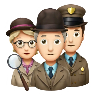 Icon for Detective Movies: A colorful collage with Sherlock Holmes, Miss Marple, and Pinkerton. Include magnifying glasses, clues, detective tools, a criminal and a policeman in the background. The design should evoke mystery and intrigue, with a classic detective movie feel. Transparent background. sticker