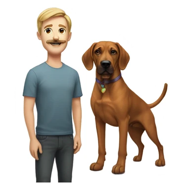 white male with long rainbow colored and a curled mustache hair standing alongside a brown rhodesian ridgeback dog sticker