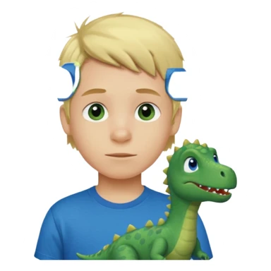 A blond boy with blue eyes wearing a green dinosaur T-shirt sticker