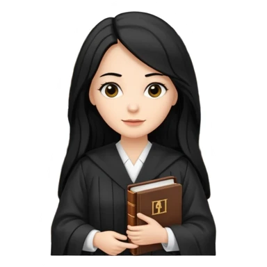 white-women-with-long-black -hair-lawyer-in-lawyer’s-robe. Have law book in hand with bookshelf full of law books in the background. sticker