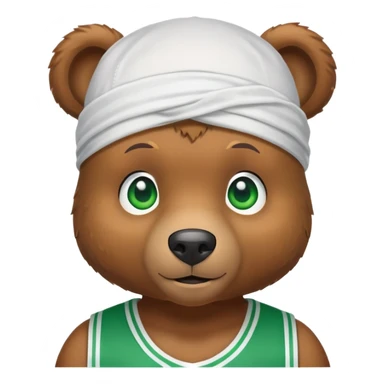 Cute brown bear with green eyes wearing a white durag and a basketball jersey visible only up to the shoulders, iOS emoji style sticker