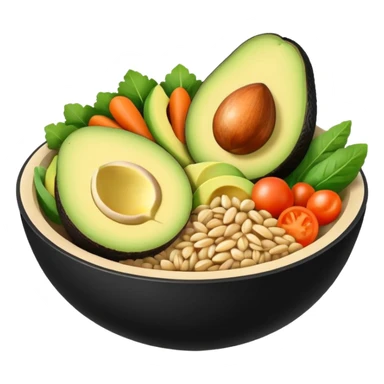 Minimalistic flat vector icon, iOS style, thin black contour on white background. Bowl with vegetables, grains, and avocado slices inside. Clean, no text, no shadows sticker