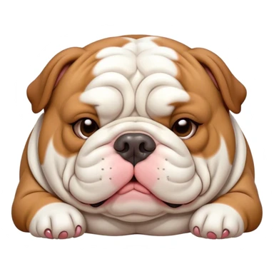 Cinematic Meme-Worthy Chubby Sleeping Brown and White English Bulldog Portrait Emoji, Head resting peacefully with a contented smile, showcasing a delightfully chubby build and a luxuriously soft brown and white coat, eyes shut in a serene nap, Simplified yet hilariously adorable features, highly detailed, glowing with a soft, drowsy light, high shine, relaxed and utterly lovable, stylized with an air of playful laziness, bright and heartwarming, soft glowing outline, capturing the essence of a comically sleepy guardian, so meme-worthy it feels like it could instantly become the next viral sensation of adorable slumber! sticker