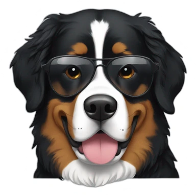 Bernese mountain dog wearing sunglasses and a hoodie sticker