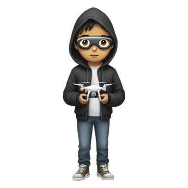 full body, male asian teenager in hoodie standing, holding a drone controller, wearing a goggle sticker
