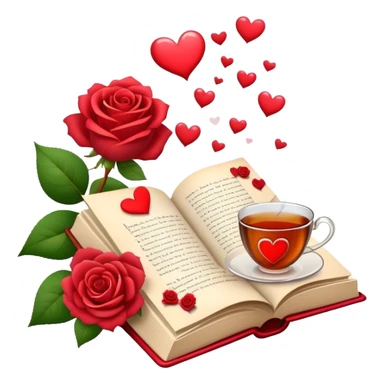 Icon for Romance Reading: an open book with a heart-shaped bookmark, surrounded by roses, a love letter, and a cup of tea, with small hearts and Cupid with bow and arrows flying out of the pages. Transparent background. sticker