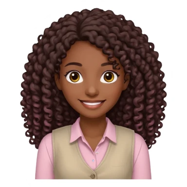 mujer morena, pelo rizado largo, sonriendo, con ojos grandes y marrones con camisa rosa palo y un chaleco blanco sticker