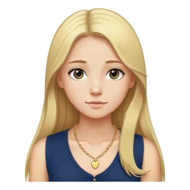 white skinny girl with long blonde hair straightened with a MIDDLE part. She is wearing a sleeveless navy blue Henley shirt with a small dainty girly gold necklace sticker