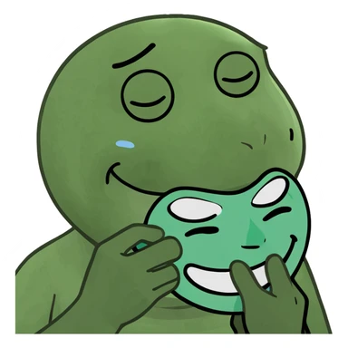 a smiling face holding a mask of crying face sticker