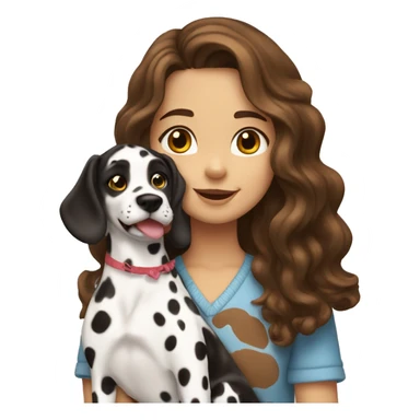 A girl with long wavy brown hair and brown eyes holds a Dalmatian dog. sticker