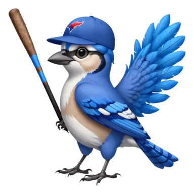 bluejay standing with baseball bat, wearing toronto blue jays baseball hat, background Canada Flag 
 sticker