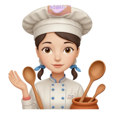 cartoon Apple iOS emoji style woman, pastel colors, Chilean wooden kitchen background, clay pots, warm light, detailed and clean vector art sticker