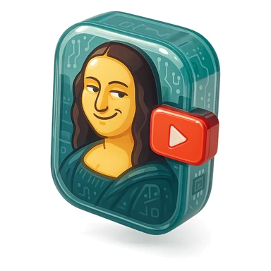 Mona Lisa with a playful sarcastic grin, red YouTube play button, glossy circuit style sticker