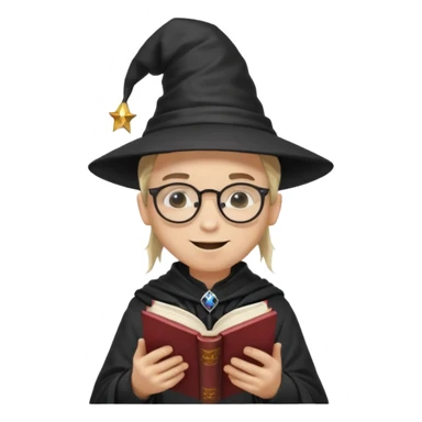 ["A happy boy with light skin, ponytail, wearing a wizard hat and square glasses, dressed in goth fashion, is reading a book while holding a phone."] sticker