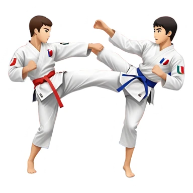 Two taekwondo fighters in a competition arena, one performing a high spinning kick towards the opponent’s head, while the other blocks with a precise guard. The background features a dynamic, bright arena with flags, emphasizing speed and agility in the martial art. Transparent background  sticker