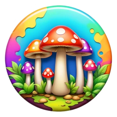 A round psychedelic colored button with bezeled edges and colorful hippie style mushrooms sticker
