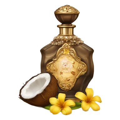 An antique perfume bottle with oil made of bronze and brown crystals, coconut, cream and coffee milk flow, yellow flowers of fragrant vanilla lie next to it sticker