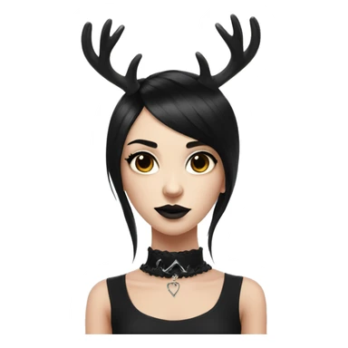 Portrait. Goth deer girl in a black sleeveless dress with a choker. White antlers with deer ears. Black hair sticker
