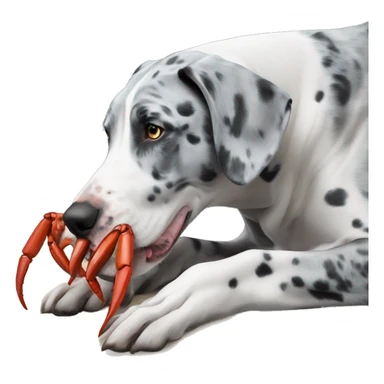 Blue Merle Great Dane eating red crab sticker