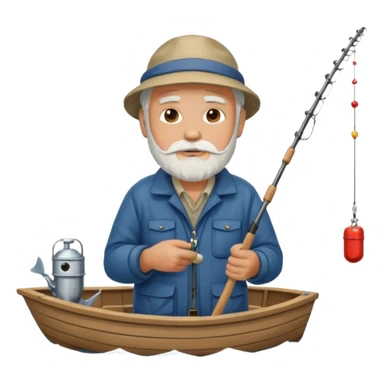 an old white haired, bearded man in fisherman attire, stood in a boat at sea, holding a fishing rod and catching fish with it. sticker