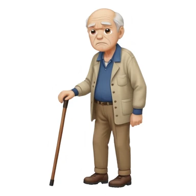 Old man leaning on a walking cane and holding his crancky back with his hand, grumpy face, detailed sticker