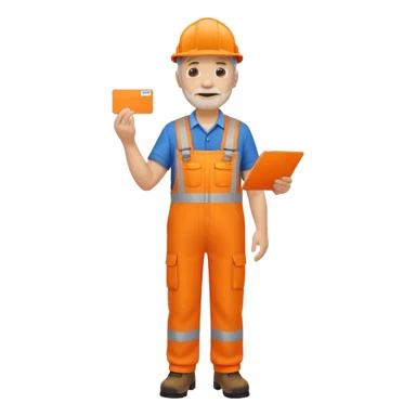 older engineer hi-vis orange overalls standing full body holding a card sticker