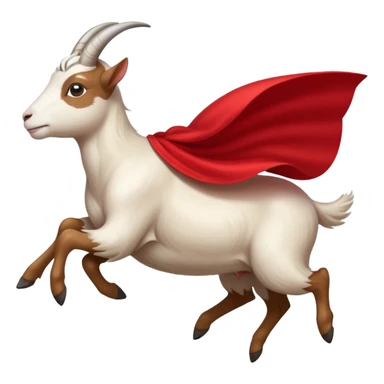 side view of white female goat wearing a read cape like superman sticker