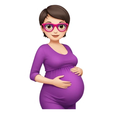 pregnant stylish woman with short pixie brunette hair happily touching her big belly while wearing fashionable clothes and colorful shades sticker