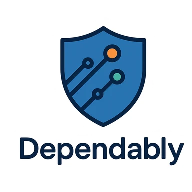 professional minimalist logo for 'Dependably', modern security shield icon, clean geometric shield shape, subtle circuit board patterns or connection nodes integrated, trustworthy deep blue primary color with accent of warm orange or green, flat design with slight depth, suitable for favicon and app icon, represents IT security and reliability in social care sticker