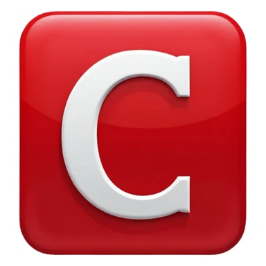 A bold white capital letter "C" centered inside a red rounded square, flat emoji design, glossy shiny light reflection on the top left, same style as 🅱️ emoji, simple and clean, transparent background, no extra elements sticker