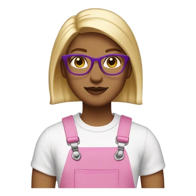 Create a feminine emoji: medium straight light blonde hair, brown eyes, glasses with purple cat-eye frames, pink overalls and white t-shirt. sticker