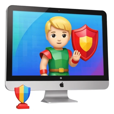 a computer screen with a shield and a child's figurine sticker