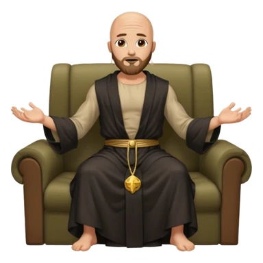 fullbody bald jesus christ jacked, sleeveless and unbuttoned in black robe sitting with elbows on armrests sticker