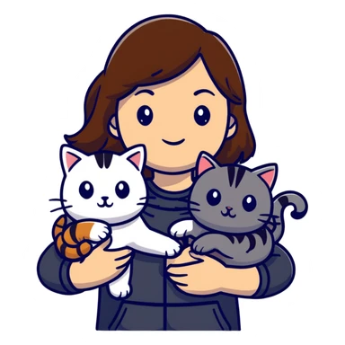tan brown-haired girl holding two cats, one black cat and one grey-striped cat sticker